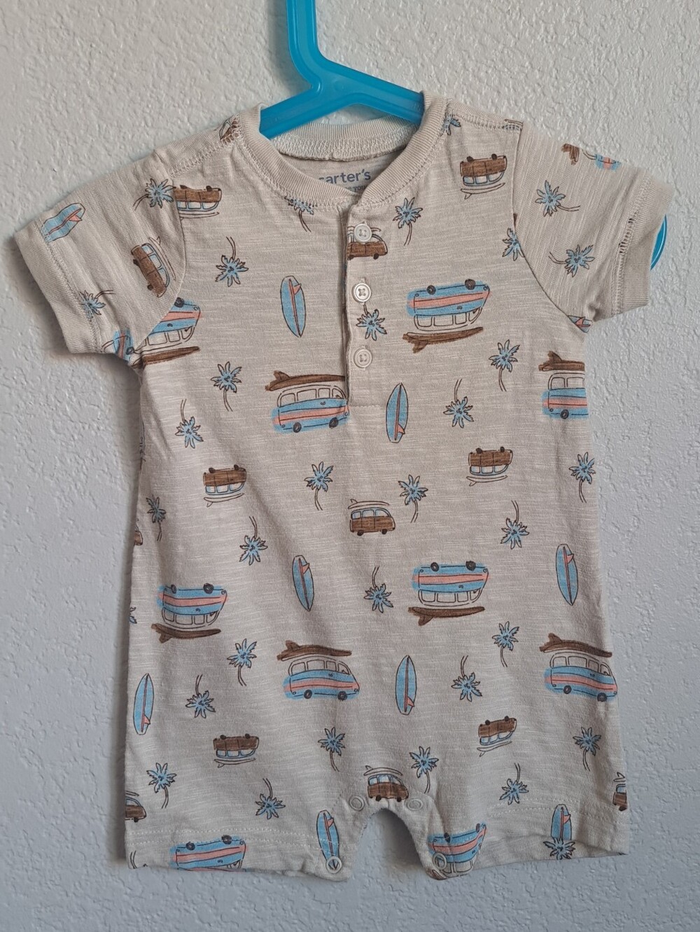Boys Carter's Tan Van Surfboard Vacation Print One Piece Romper Size 6 Months